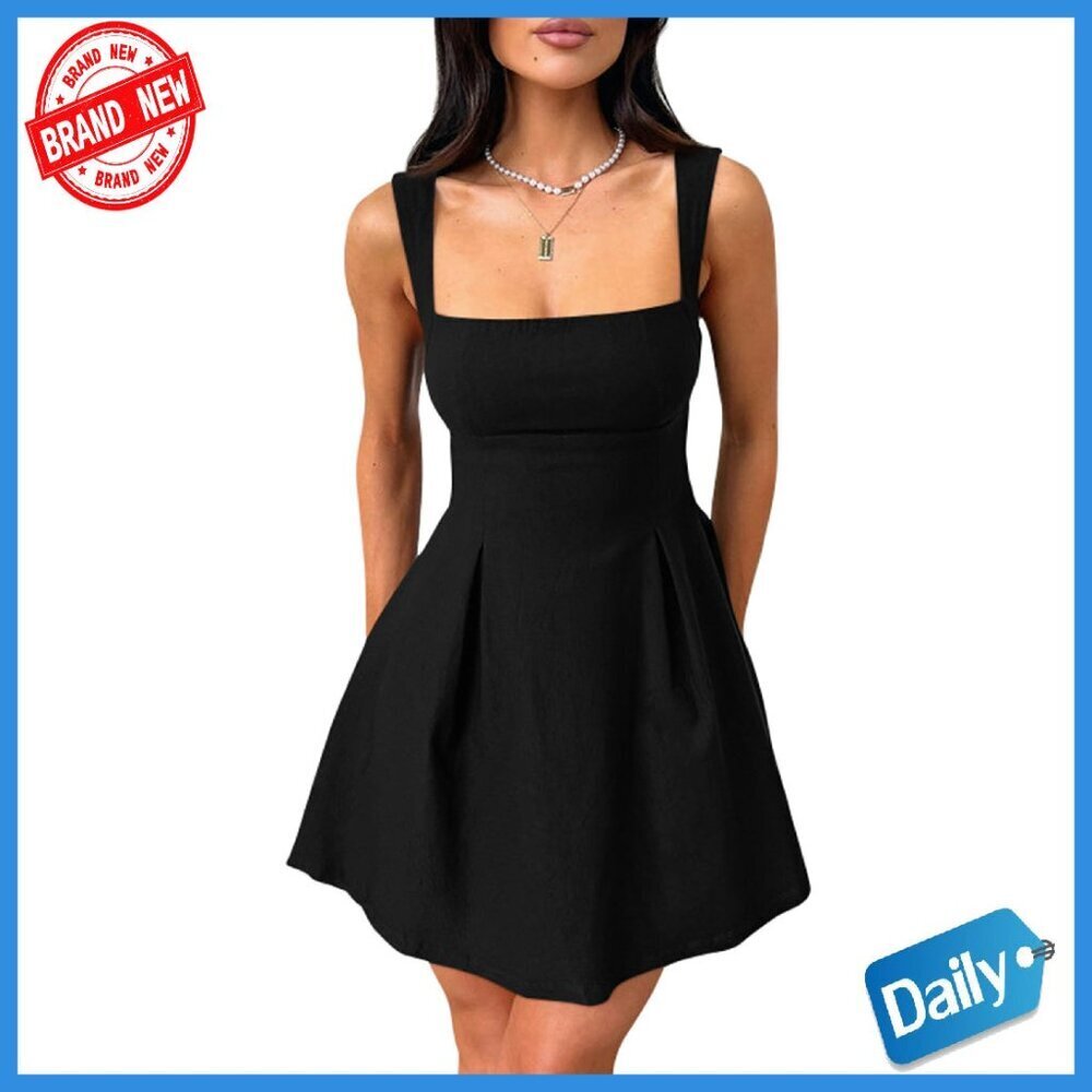 Sleeveless Square Neck Mini Dress Adjustable Straps Backless A-Line